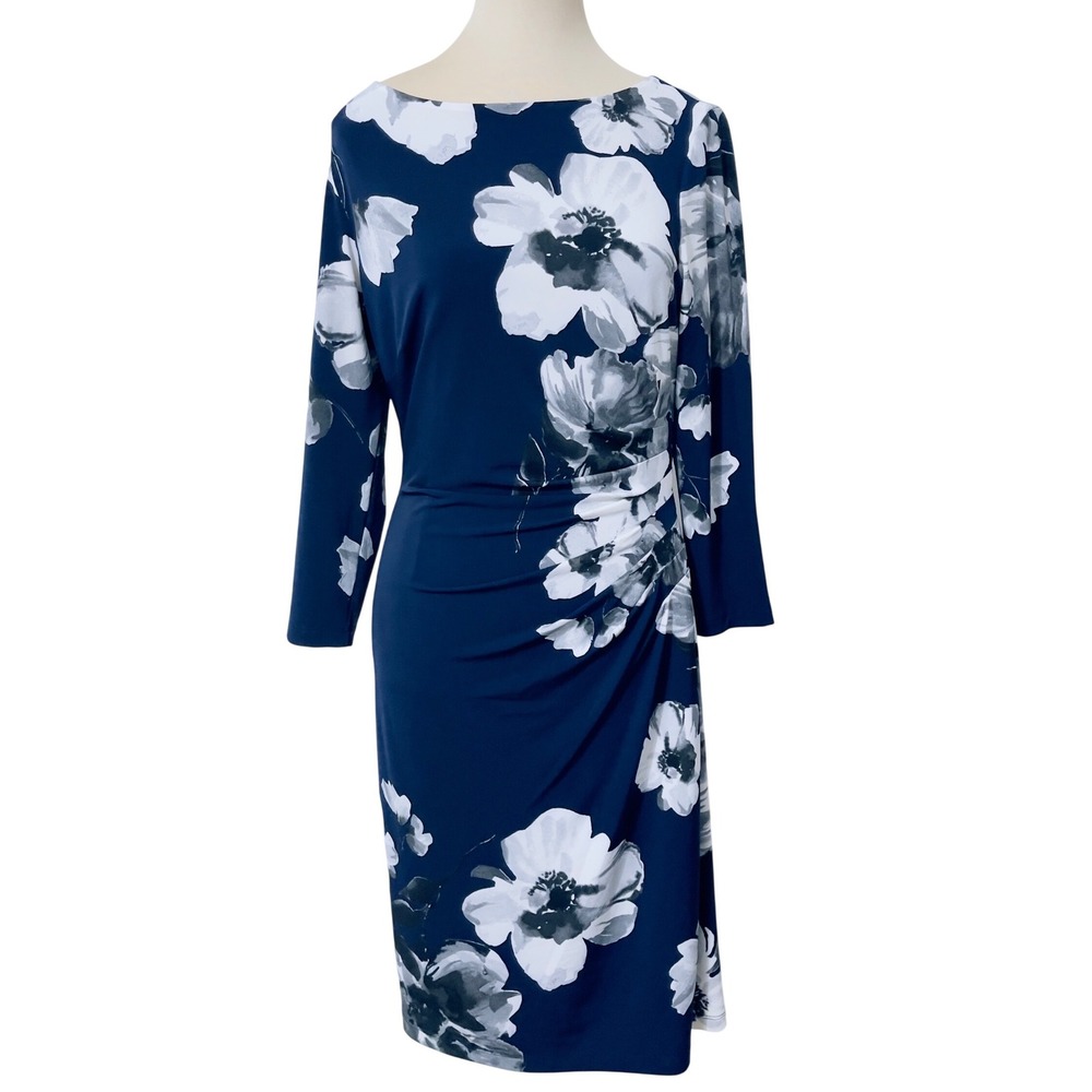 Lauren Ralph Lauren Womens Floral Ruched Sheath Dress 8 Navy Blue Office Classic